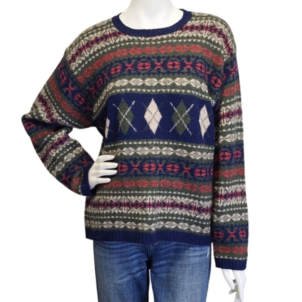 Vtg Paul Harris Womens L 100% Shetland Wool Preppy Fair Isle Boxy Sweater